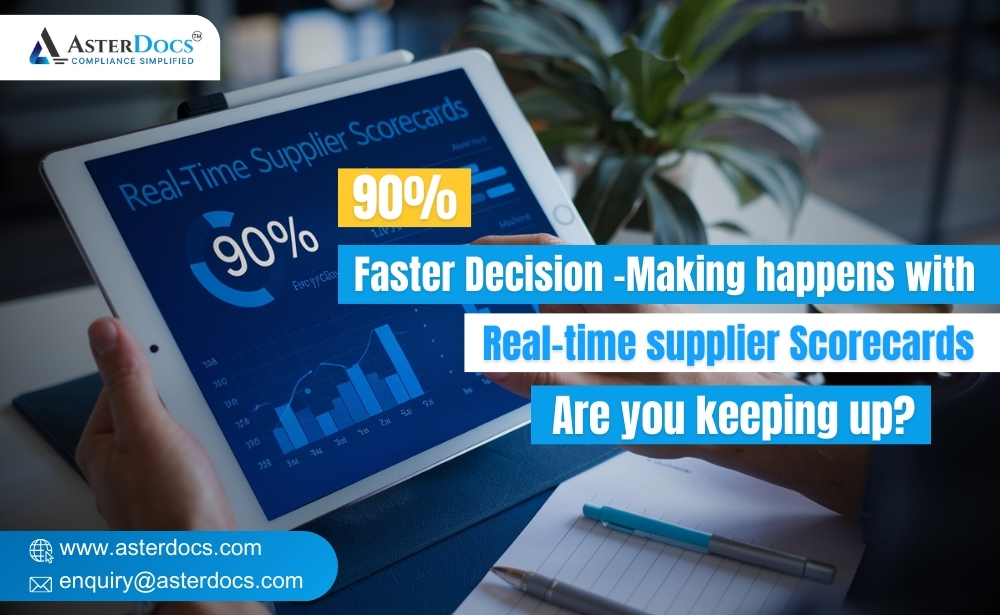 Tablet displaying supplier scorecards with text "90% Faster Decision-Making with Real-time Supplier Scorecards" on a desk.