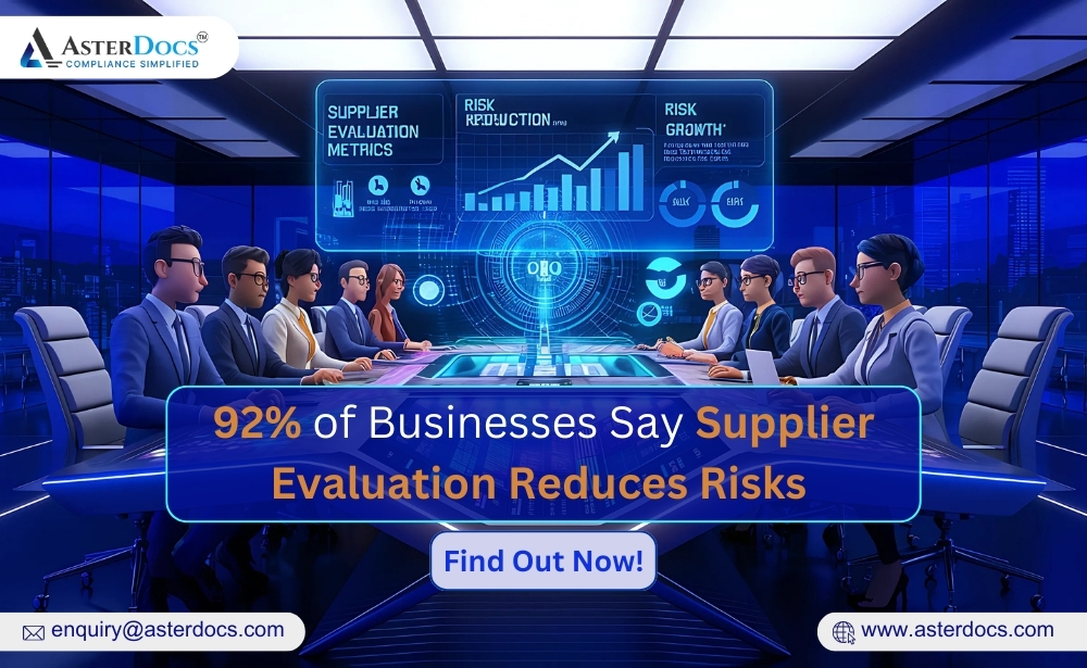 A 3D illustration of a business meeting with digital graphs and stats about supplier evaluation benefits.