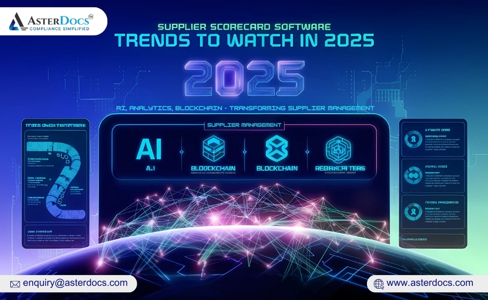 Futuristic graphic on supplier scorecard software trends for 2025 by AsterDocs, featuring AI and blockchain.