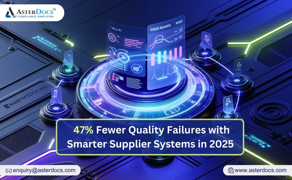 Futuristic graphic of a dashboard with holograms for supplier system efficiency, highlighting a 47% reduction in quality failures.